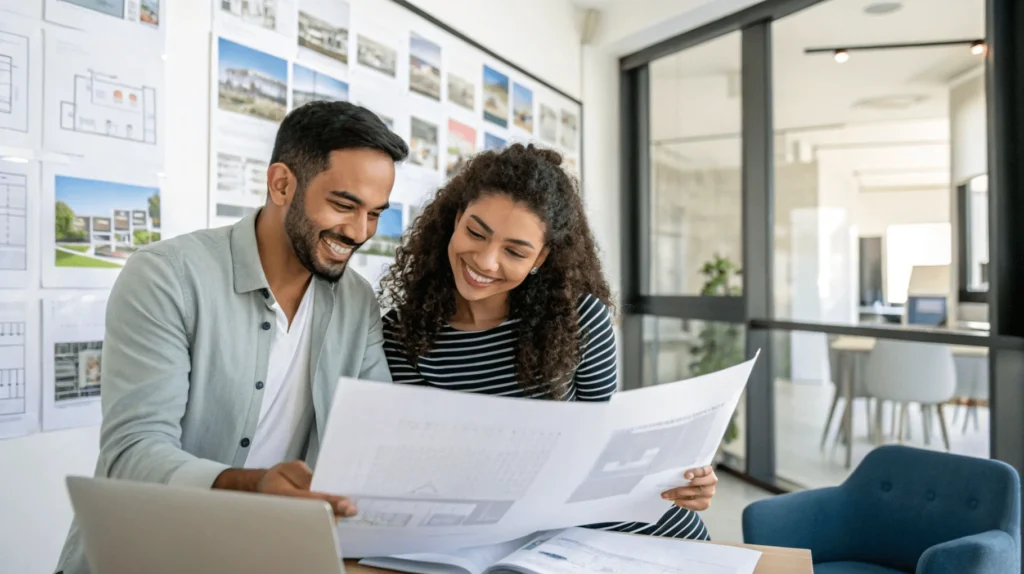 Jeune couple marocain planifiant un investissement locatif