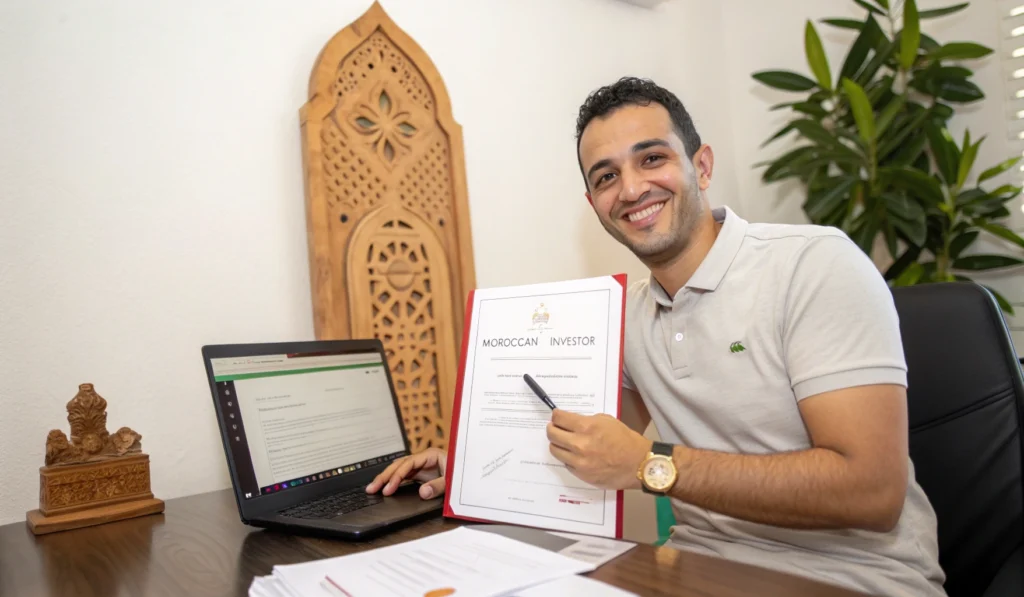 Oussama, membre MREA, ayant obtenu un crédit à 110 % sans apport, pose dans un bureau après avoir signé son premier achat immobilier rentable.