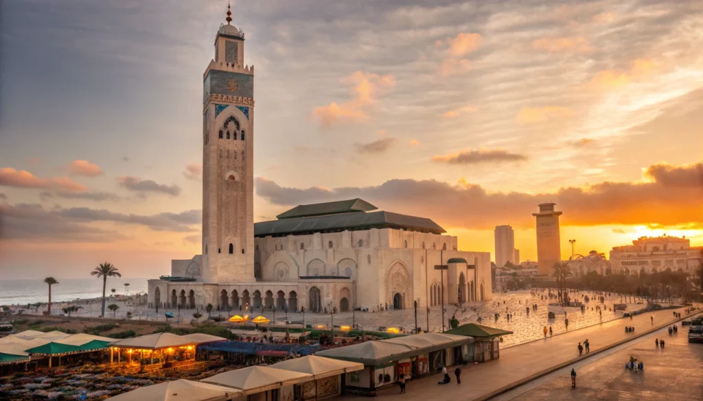 Modern Moroccan real estate skyline at sunset with villas and riads.