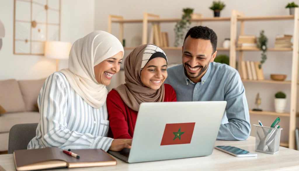 Moroccan family abroad discussing real estate investment via video call.