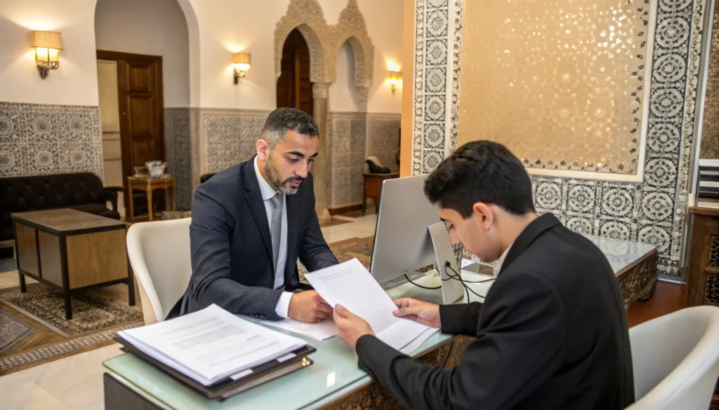 Notaire marocain présentant des documents à un investisseur