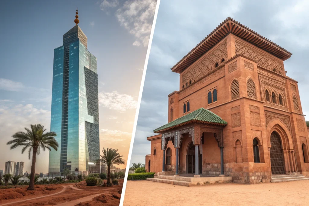 Comparaison visuelle entre un immeuble neuf et un ancien au Maroc.