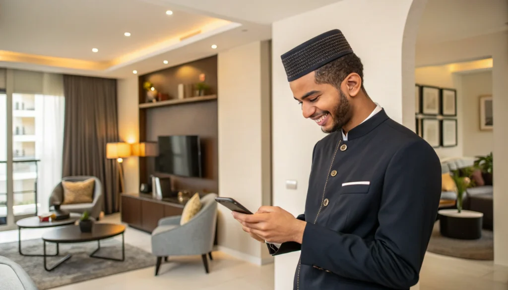 Propriétaire marocain utilisant son smartphone pour gérer une réservation Airbnb