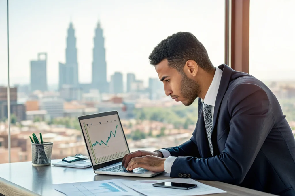 Investisseur marocain analysant un projet immobilier.