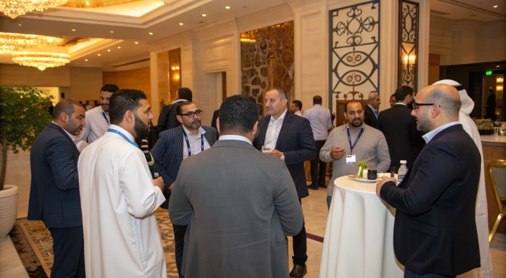 Entrepreneurs et investisseurs marocains en networking lors d’un événement immobilier convivial.