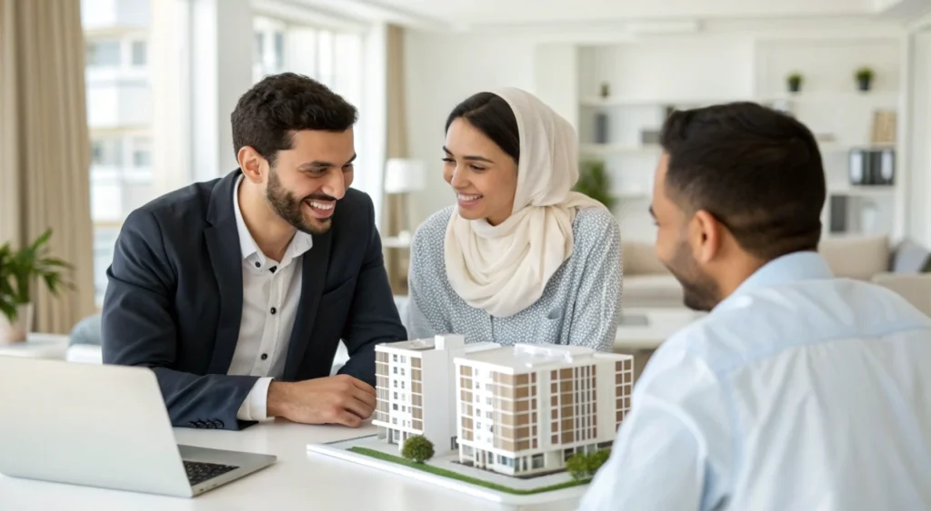 Couple marocain découvrant son premier projet immobilier au Maroc avec un conseiller.