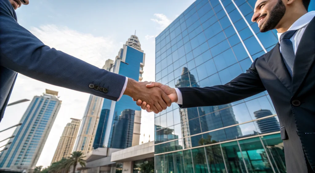 Poignée de main entre deux investisseurs devant un immeuble moderne au Maroc, symbole de confiance et de partenariat.
