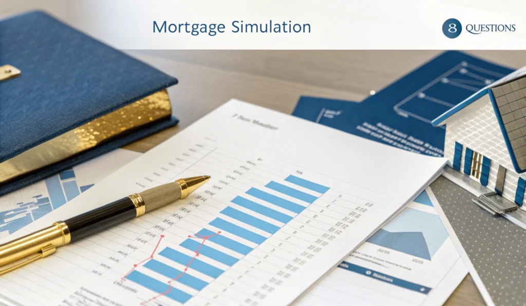Collage avec documents bancaires, questions essentielles et outils de simulation pour un projet immobilier réussi