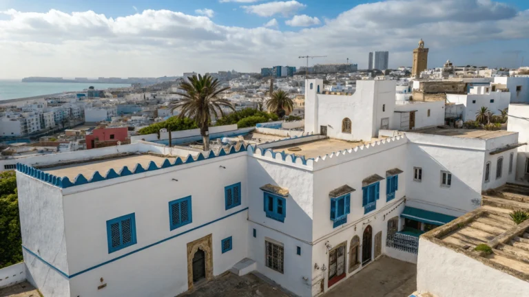 Vue aérienne de la médina de Tanger avec la ville moderne en arrière-plan.