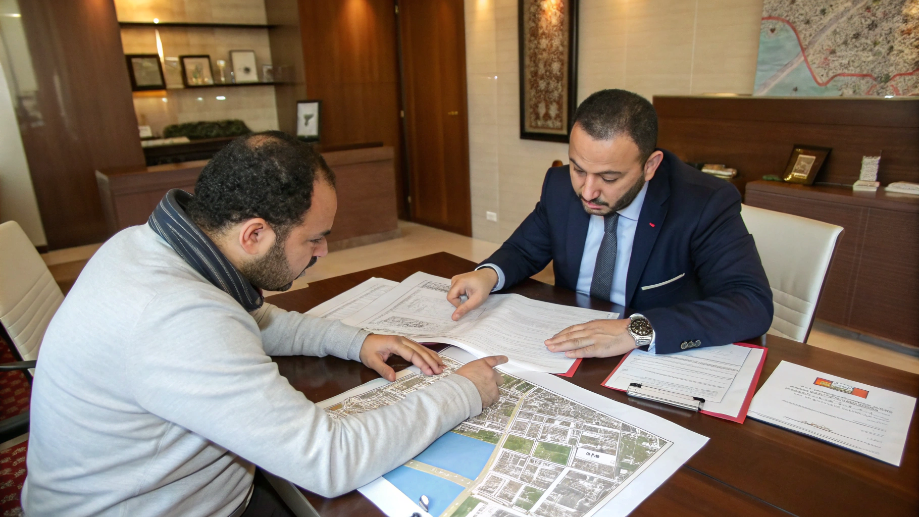 Investisseurs étrangers et agents locaux collaborant pour une Location Appartement Marrakech réussie.