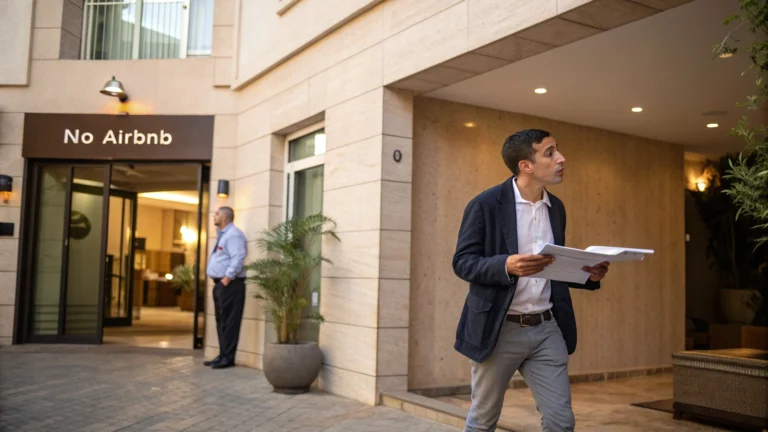 Moroccan investor standing in front of an apartment building worried about Airbnb restrictions.