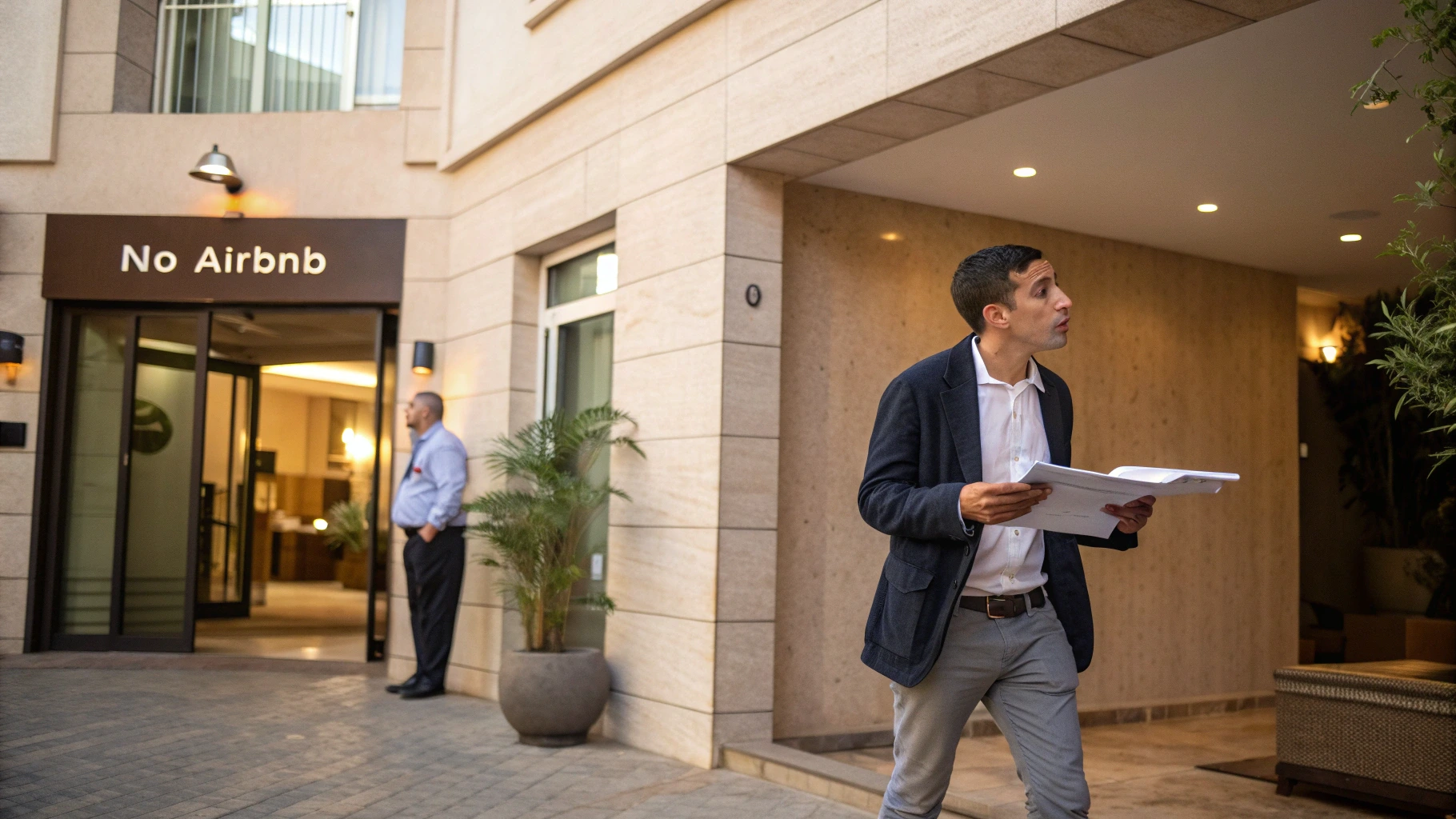 Moroccan investor standing in front of an apartment building worried about Airbnb restrictions.