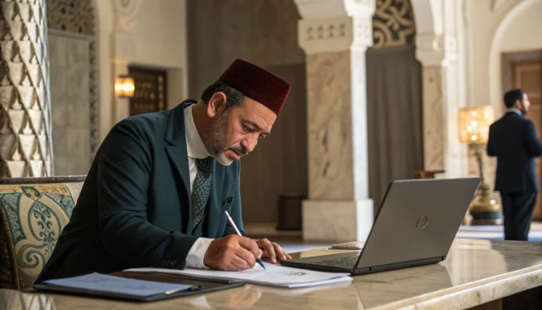 Moroccan notary stamping real estate contract documents.