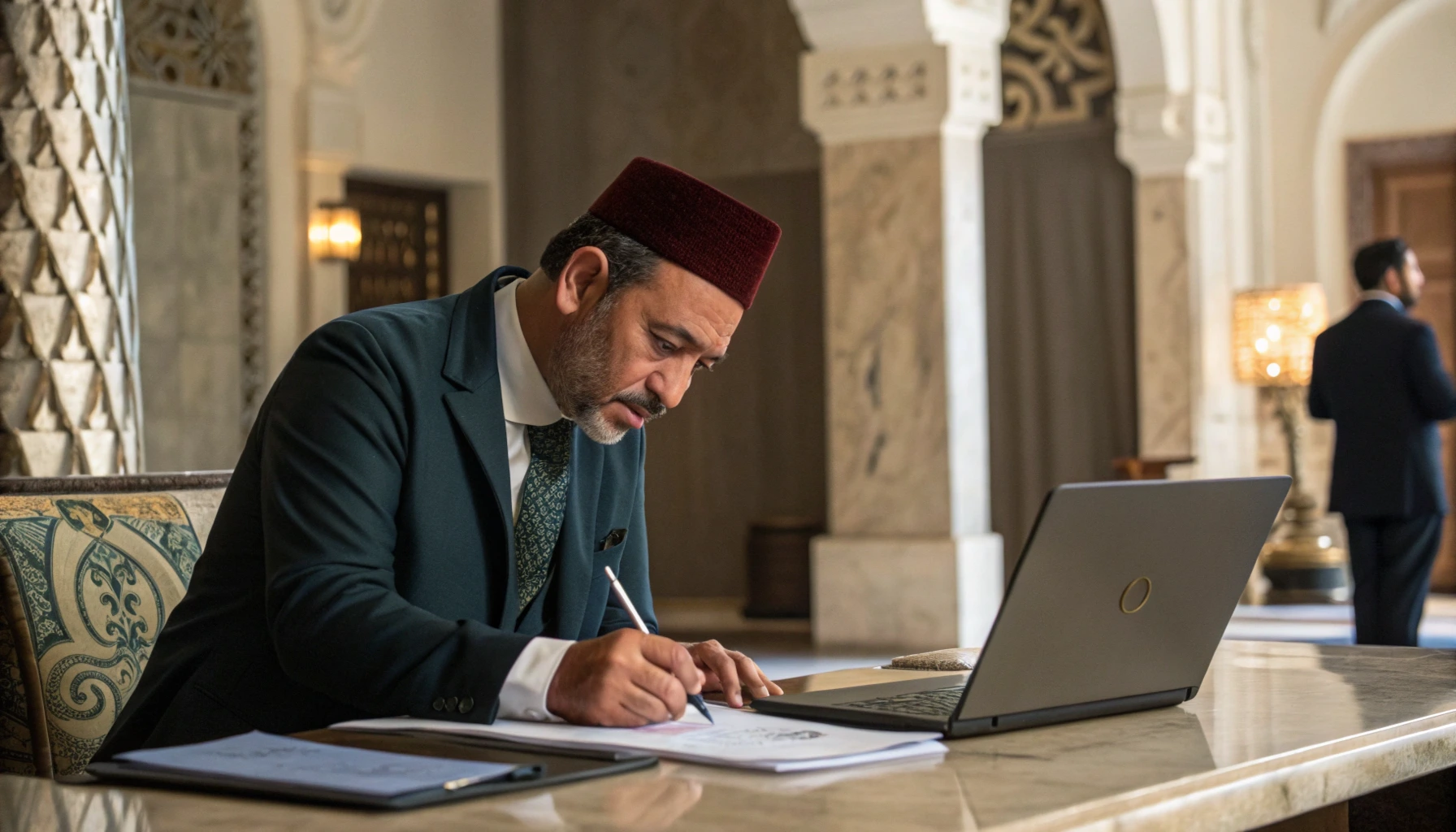 Moroccan notary stamping real estate contract documents.