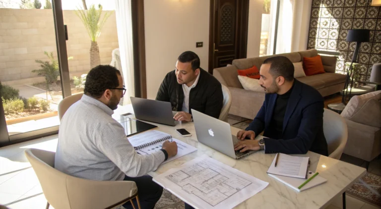 Groupe d’investisseurs marocains échangeant autour de plans immobiliers dans une ambiance professionnelle.