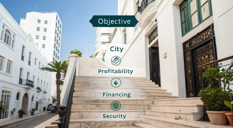 Infographie illustrant les 5 étapes clés pour réussir un premier investissement immobilier au Maroc.